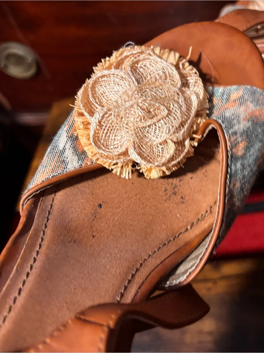 Pink & Pepper Tan Cork Wedge Sandals with Blue Pattern and Floral Accent